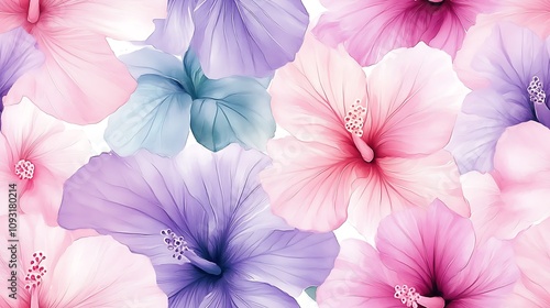 Watercolor seamless pattern of hibiscus flowers, pastel shades of blush pink and lavender, soft green leaves, loose painting technique, delicate floral details, light and airy, natural flow,