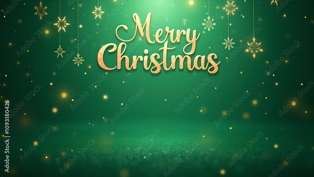 Merry Christmas Green Background with Golden Snowflakes. Concept of winter holidays, celebration, and festive season. Merry Christmas Green Background with Golden Snowflakes. Concept of winter holidays, celebration, and festive season.
