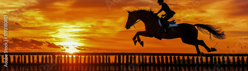 A rider gallops on horseback against a stunning sunset, capturing the essence of freedom and adventure. photo