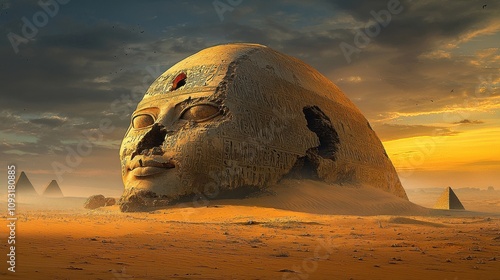 Bird perched on the benben pyramid against a dramatic sky egypt nature scene desert environment elevated perspective symbol of ancient culture photo