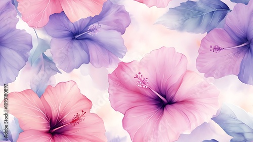 Watercolor seamless pattern with pastel hibiscus flowers, loose and fluid painting style, soft pink and lavender tones, delicate green leaves, hand-drawn details, airy composition,