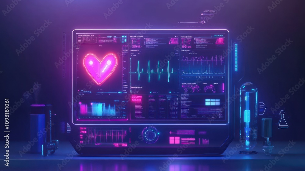 Futuristic medical interface displays heart data and vital signs Futuristic medical interface displays heart data and vital signs