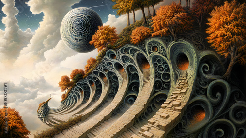 Surreal Spiral Staircase Landscape Painting: Autumn Trees, Fantasy Architecture, Celestial Sphere