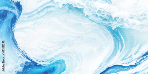 A serene blend of soft blue and white watercolor waves, with dynamic tsunami layers and a bold tropical splash, all in a flat cartoon style.