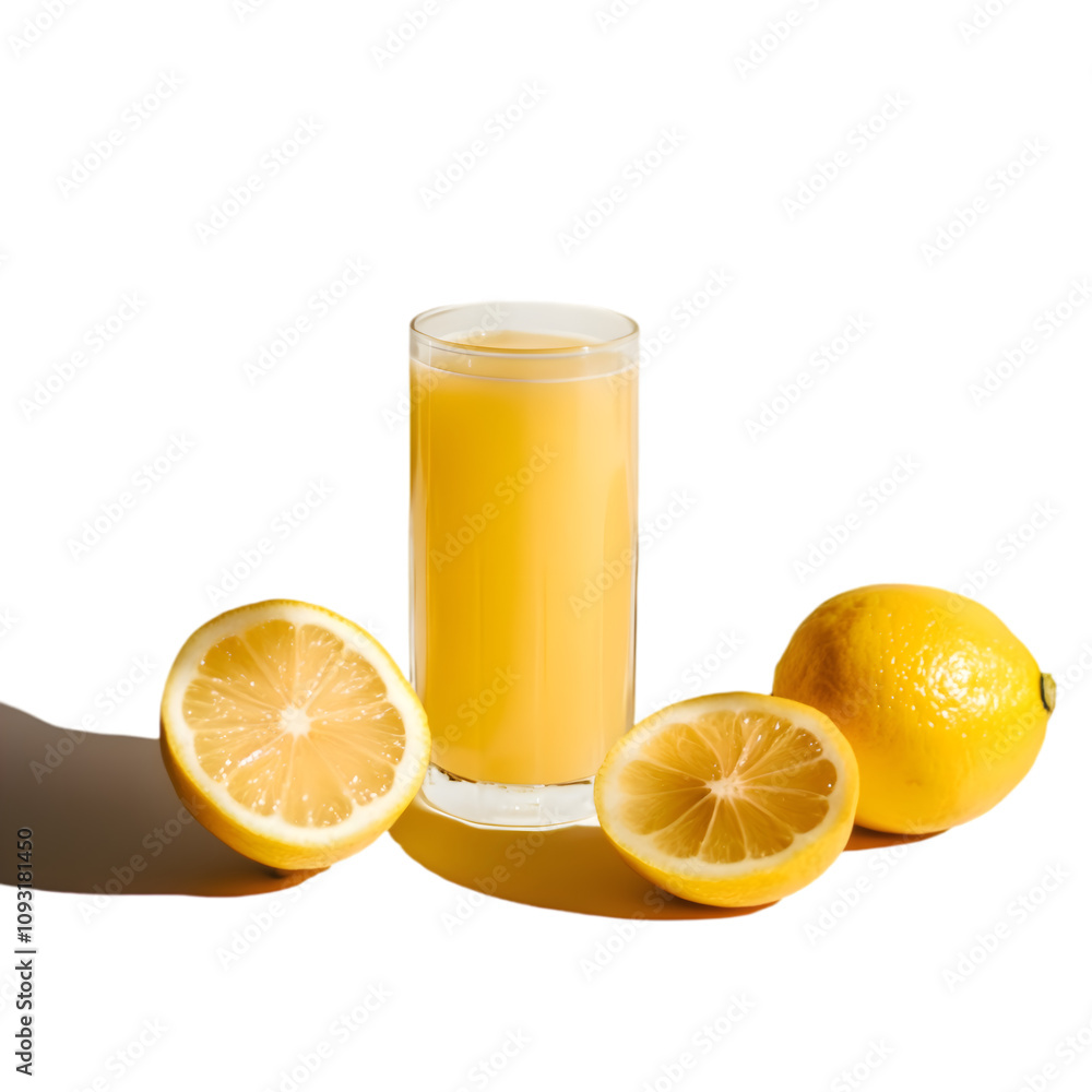 Freshly squeezed lemonade in a glass with lemon wedges and green leaves on a white background. Freshly squeezed lemonade in a glass with lemon wedges and green leaves on a white background.