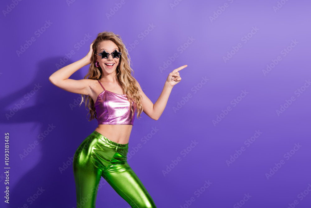 Naklejka premium Photo of adorable sweet lady wear violet striped t-shirt applying lip pomade indoors room home house