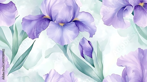 Abstract seamless design of pastel watercolor irises, soft lavender petals, lush green foliage, fluid and airy brush strokes, intricate hand-painted details, dreamy and ethereal look, natural flow,