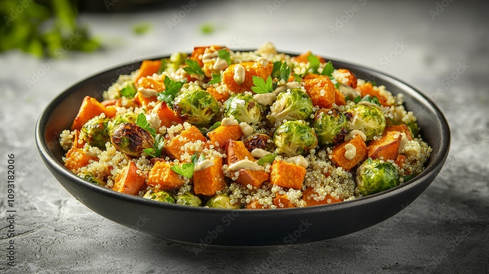 Healthy quinoa salad with brussels sprouts and sweet potatoes kitchen food photography modern setting fresh ingredients Healthy quinoa salad with brussels sprouts and sweet potatoes kitchen food photography modern setting fresh ingredients