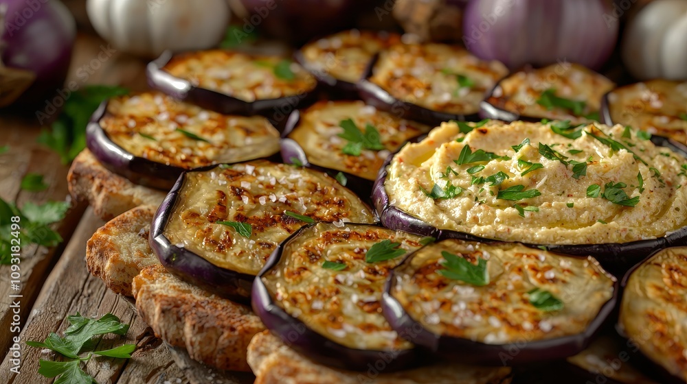 Grilled eggplant and hummus platter kitchen food photography rustic setting close-up healthy eating concept Grilled eggplant and hummus platter kitchen food photography rustic setting close-up healthy eating concept