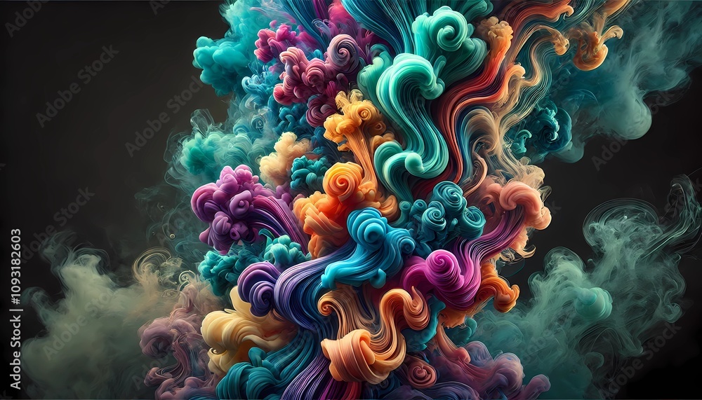A mesmerizing and vivid smoke display with a mix of vibrant colors including teal, magenta, orange, purple, and yellow. The smoke forms dynamic swirl A mesmerizing and vivid smoke display with a mix of vibrant colors including teal, magenta, orange, purple, and yellow. The smoke forms dynamic swirl