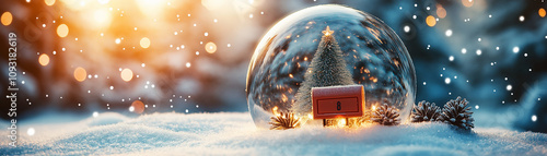 Magical, transparent snow globe containing a tiny red mailbox surrounded by snow and tiny Christmas letters, with a light up tree inside the globe
