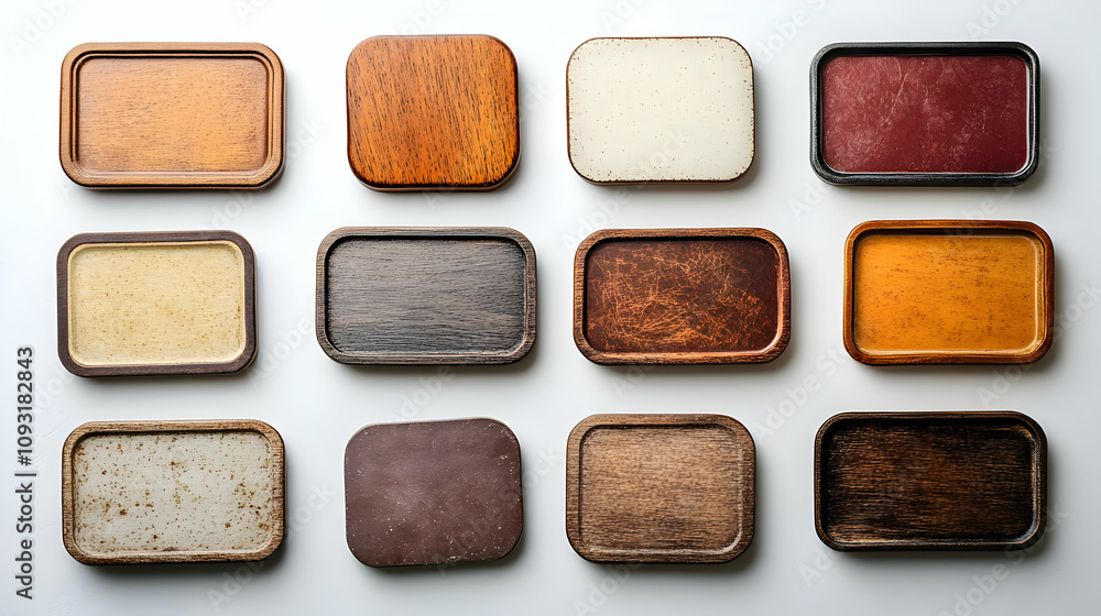 Fototapeta premium Photo - Wooden Coasters on White Background Variety of Colors and Textures