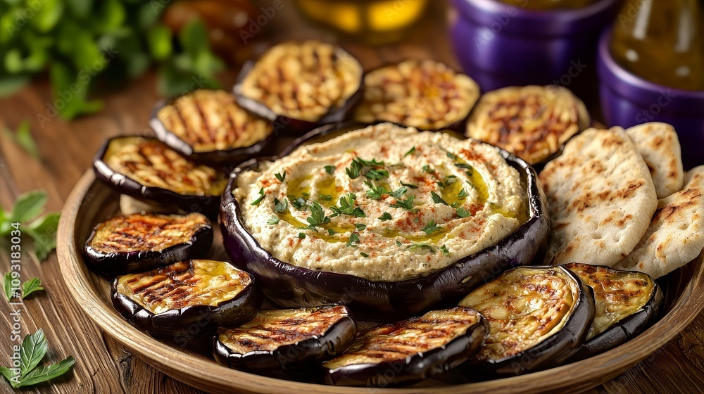 Grilled eggplant and hummus platter mediterranean cuisine food photography rustic kitchen close-up healthy eating Grilled eggplant and hummus platter mediterranean cuisine food photography rustic kitchen close-up healthy eating