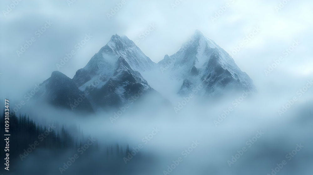 Misty Mountain Peaks Illustration - Snow, Fog, Forest, Landscape Misty Mountain Peaks Illustration - Snow, Fog, Forest, Landscape