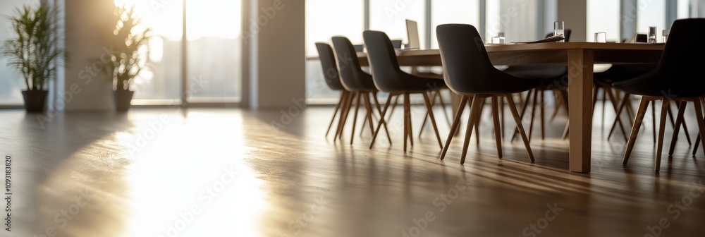 Fototapeta premium A sleek, modern conference room bathed in warm sunlight features a long wooden table surrounded by elegant chairs, creating a perfect environment for collaboration and creativity.