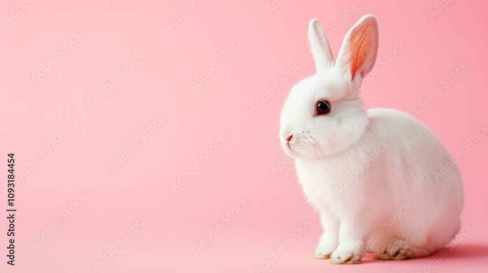 Obraz premium White rabbit pick up on a light pink background