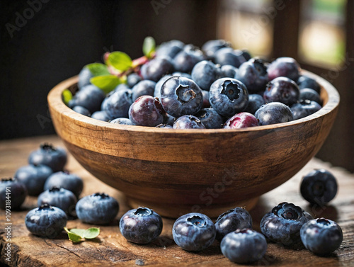 Blueberries in a Rustic Wooden Bowl