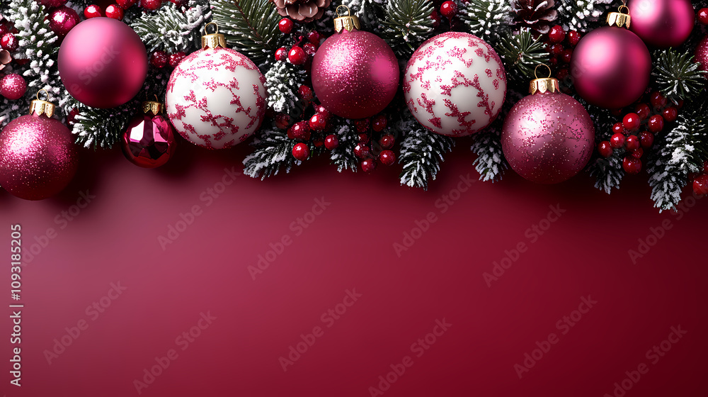 Christmas ornaments featuring red and white designs with pine leaves and berries, set against a deep red backdrop, invoking holiday cheer and warmth. Christmas ornaments featuring red and white designs with pine leaves and berries, set against a deep red backdrop, invoking holiday cheer and warmth.