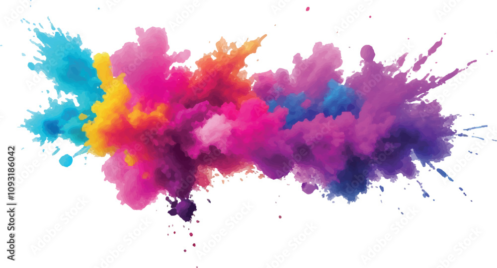 Obraz premium A vibrant explosion of multicolored powder creates a stunning, colorful cloud against a white background, capturing the energy and beauty of a Holi-inspired paint burst.