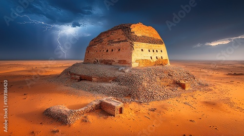 Dramatic lightning strike over the benben pyramid ancient egypt landscape stormy atmosphere aerial view nature's fury photo