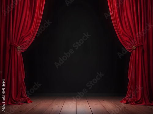 Open Red stage curtain on black background, template, theater, performance, show, dramatic, entertainment. photo