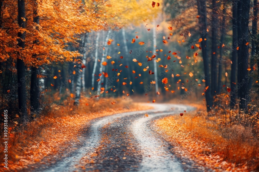 Autumn Leaves Falling On Forest Road Autumn Leaves Falling On Forest Road