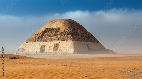 Illuminating the benben pyramid a stunning spotlight event amidst clouds in the desert landscape photo