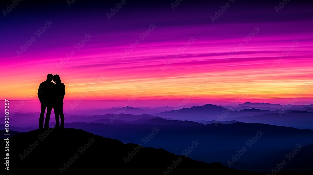 Fototapeta premium Romantic Couple Embracing at Sunrise on a Mountain Peak with Vibrant Colors in the Sky Creating a Dreamy and Serene Atmosphere for Nature Lovers