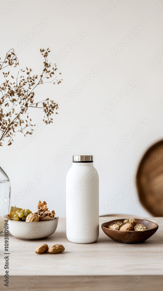 A minimalist scene featuring a white bottle, bowls of nuts, and dried flowers, creating a serene and natural aesthetic. A minimalist scene featuring a white bottle, bowls of nuts, and dried flowers, creating a serene and natural aesthetic.