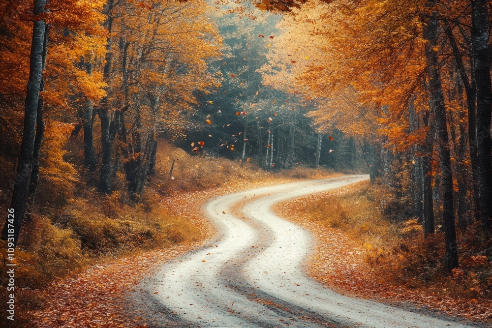 Obraz premium Winding Autumn Road Through Golden Forest Trees