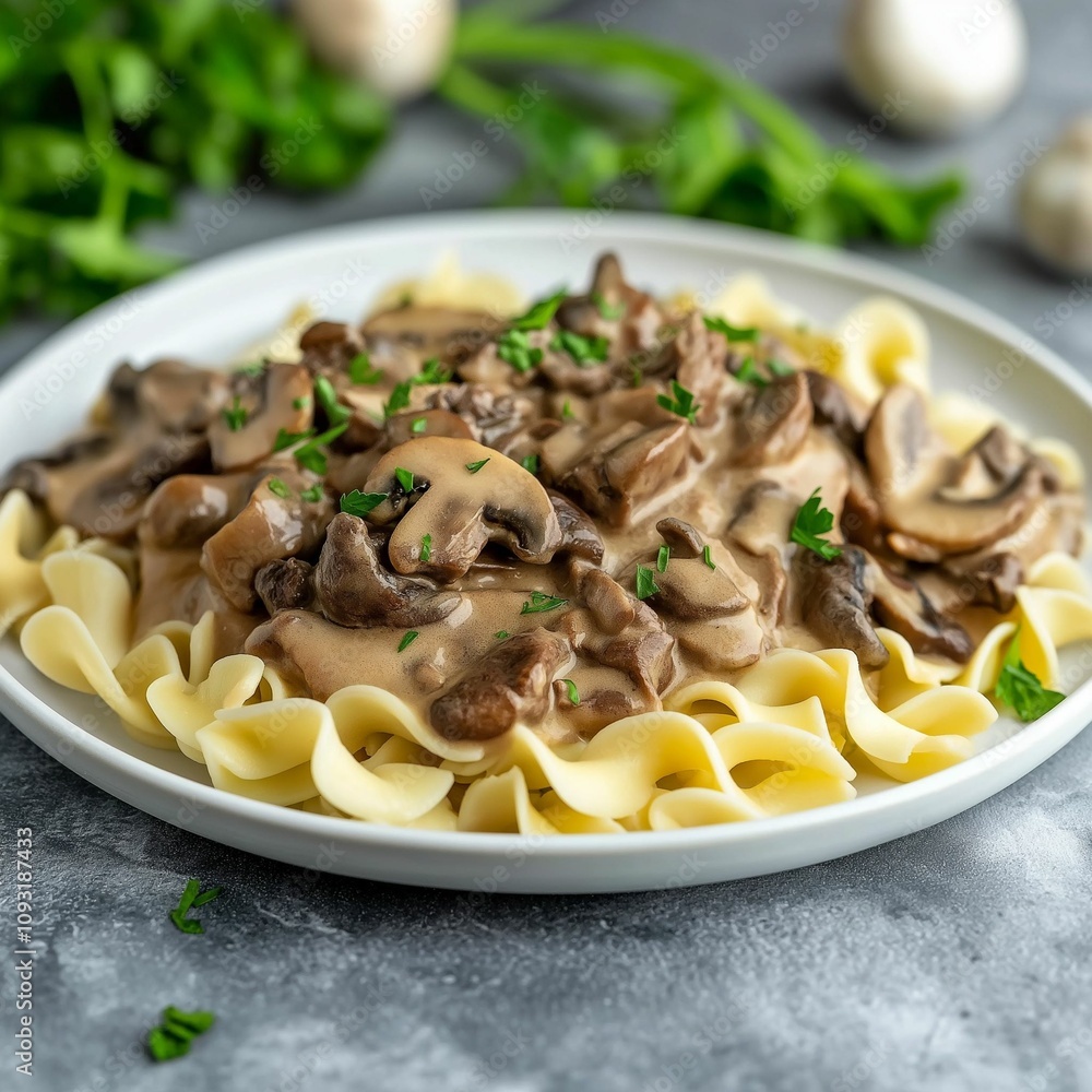 Beef Stroganoff with mushrooms and parsley on white plate Beef Stroganoff with mushrooms and parsley on white plate