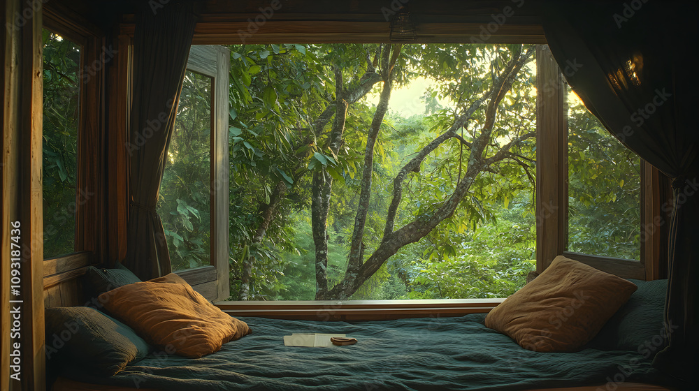 Lush Forest View Treehouse Bed, Tranquil Getaway, Cozy Bedroom, Natural Light, Wooden Frame Lush Forest View Treehouse Bed, Tranquil Getaway, Cozy Bedroom, Natural Light, Wooden Frame