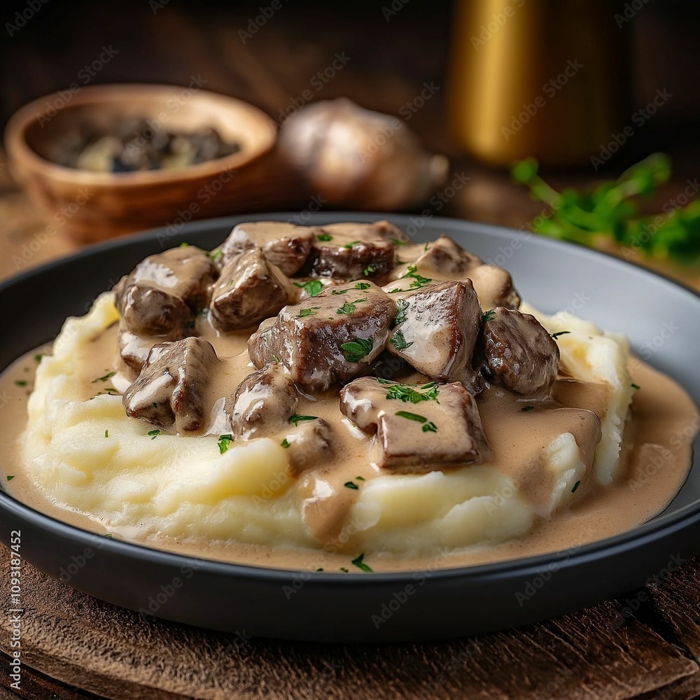 Beef Stroganoff over mashed potatoes in rustic black plate Beef Stroganoff over mashed potatoes in rustic black plate