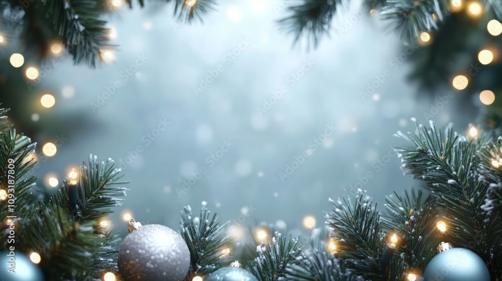 Christmas background with fir branches lights and decorations, shallow depth of field Christmas background with fir branches lights and decorations, shallow depth of field