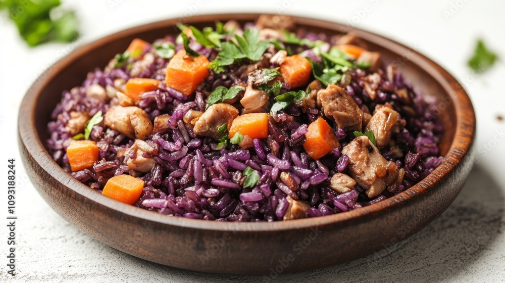 Delicious purple rice dish with chicken and carrots in a wooden bowl. Delicious purple rice dish with chicken and carrots in a wooden bowl.