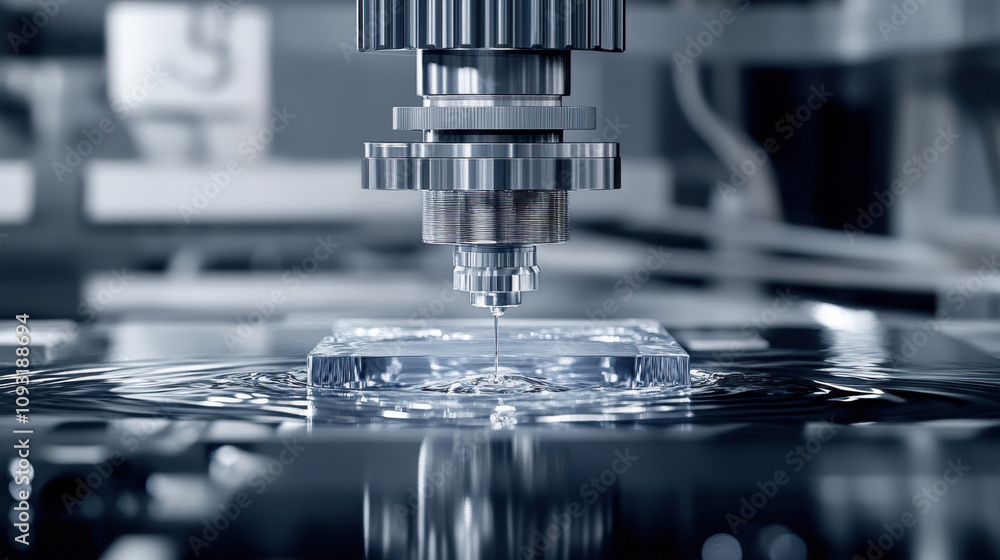 A close-up of a precision CNC machine tool cutting into a clear block, showcasing advanced technology in manufacturing. A close-up of a precision CNC machine tool cutting into a clear block, showcasing advanced technology in manufacturing.