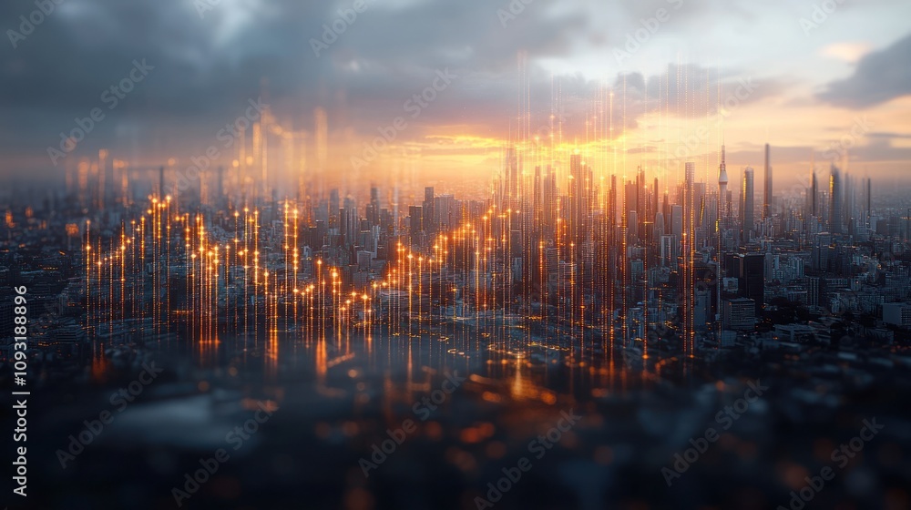 City skyline merged with energetic digital graphs. City skyline merged with energetic digital graphs.