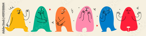 Abstract cute creatures or mascot doodle characters set with different face emotions. Colorful avatars design face doing funny hand gesture and emotion in simple doodle art style