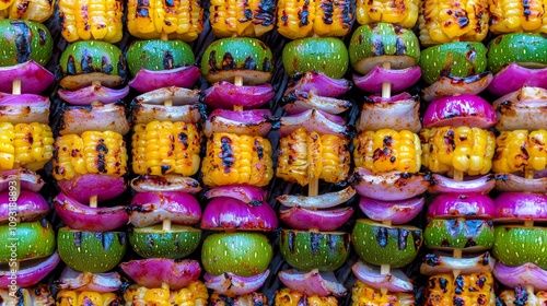 Grilled vegetable skewers summer barbecue food photography outdoor gathering close-up culinary delight