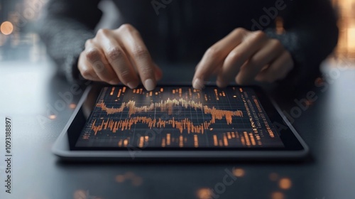 Hands interacting with digital data on a tablet. photo