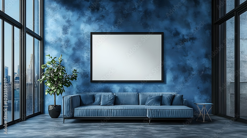 Fototapeta premium 3D Illustration Blue Room Interior Design Sofa Plant Mockup Frame