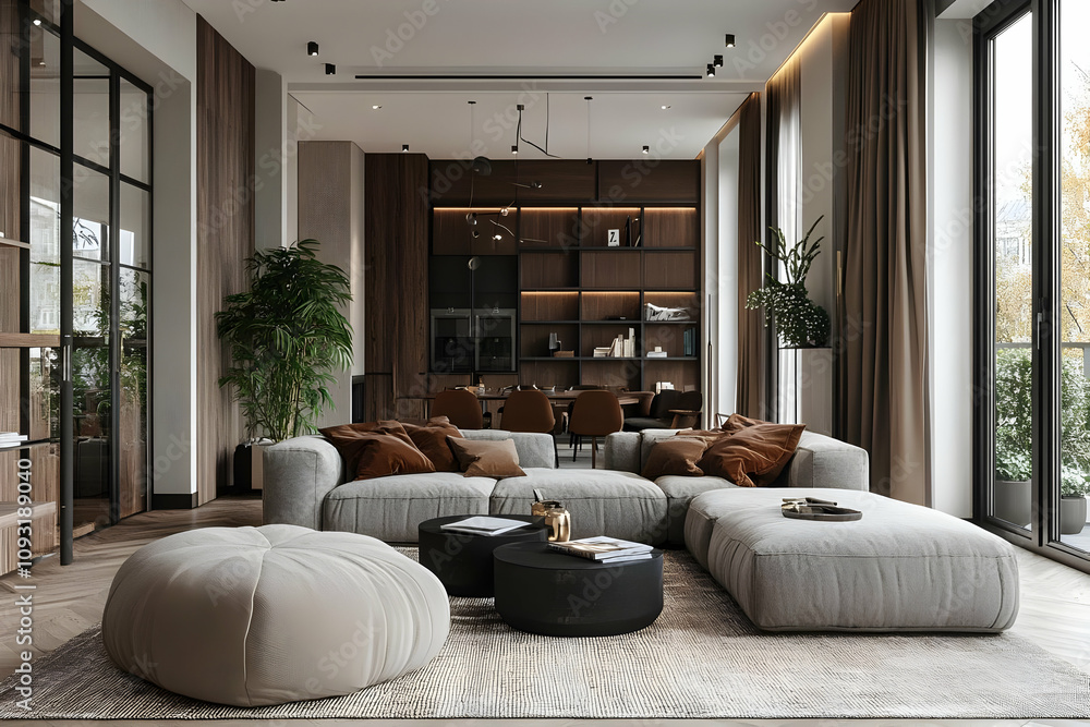 Illustration Modern Living Room Interior Design with Sofa, Coffee Tables, and Plants Illustration Modern Living Room Interior Design with Sofa, Coffee Tables, and Plants