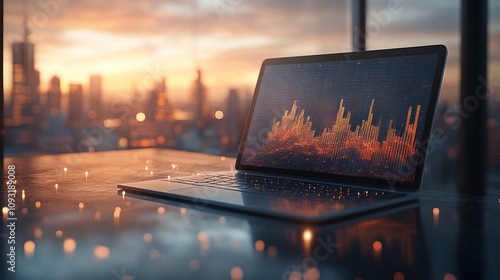 Sunset cityscape with financial data on laptop screen