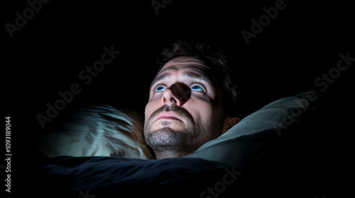Sleepless stressful man in bed, staring at the ceiling in the dark, struggling with insomnia.