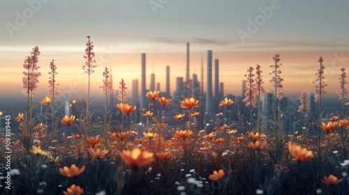 Vibrant flowers with industrial cityscape background