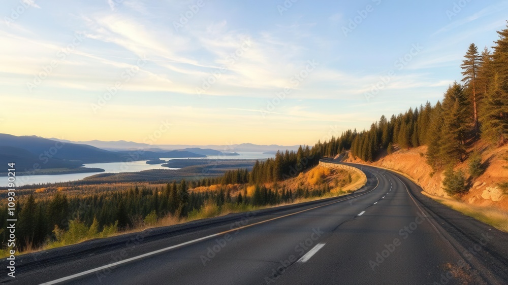 A scenic view of the Cascade Lakes Highway in Oregon leading into the distance, perfect for promotional text or marketing content, diminishing perspective, tourism A scenic view of the Cascade Lakes Highway in Oregon leading into the distance, perfect for promotional text or marketing content, diminishing perspective, tourism