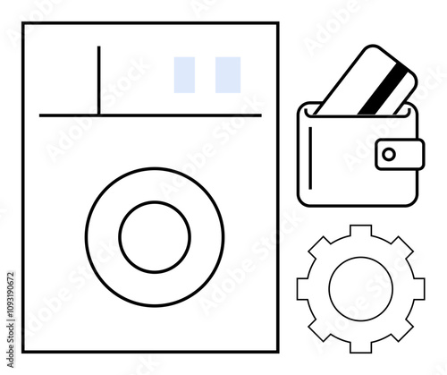 Bank card emerging from wallet, adjacent to washing machine and gear. Ideal for financial services, banking, technology integration, retail, automation, digital transactions finance. Line metaphor