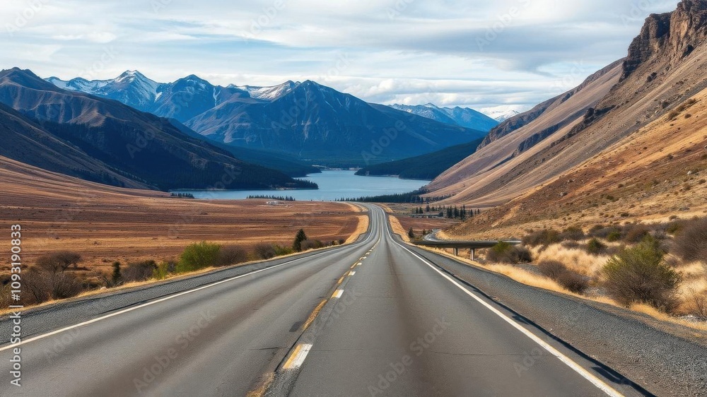 Fototapeta premium A wide open view of Cascade Lakes Highway in Oregon with a diminishing perspective, perfect for promotional text or marketing content, promotional, vast