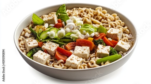 Delicious vegetable tofu noodle bowl modern kitchen food photography bright setting close-up healthy eating