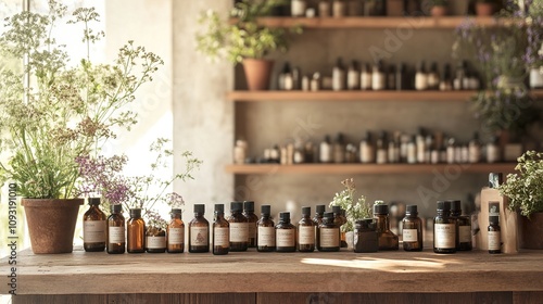 Herbal apothecary shop interior with various essential oil bottl photo